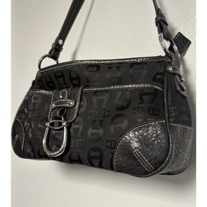 Etienne Aigner Signature Logo Black Satchel Handbag Purse with Faux Leather Trim